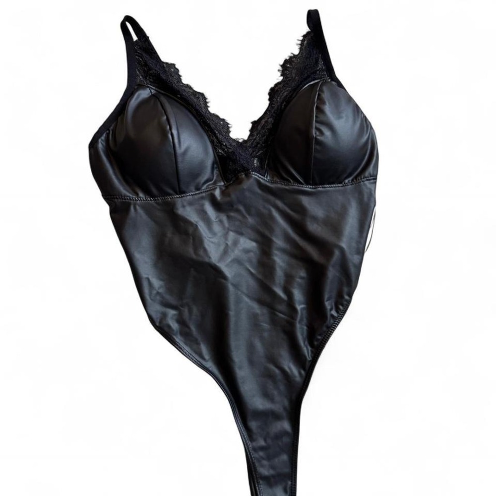 Black Pleather Bodysuit with Lace Trim
